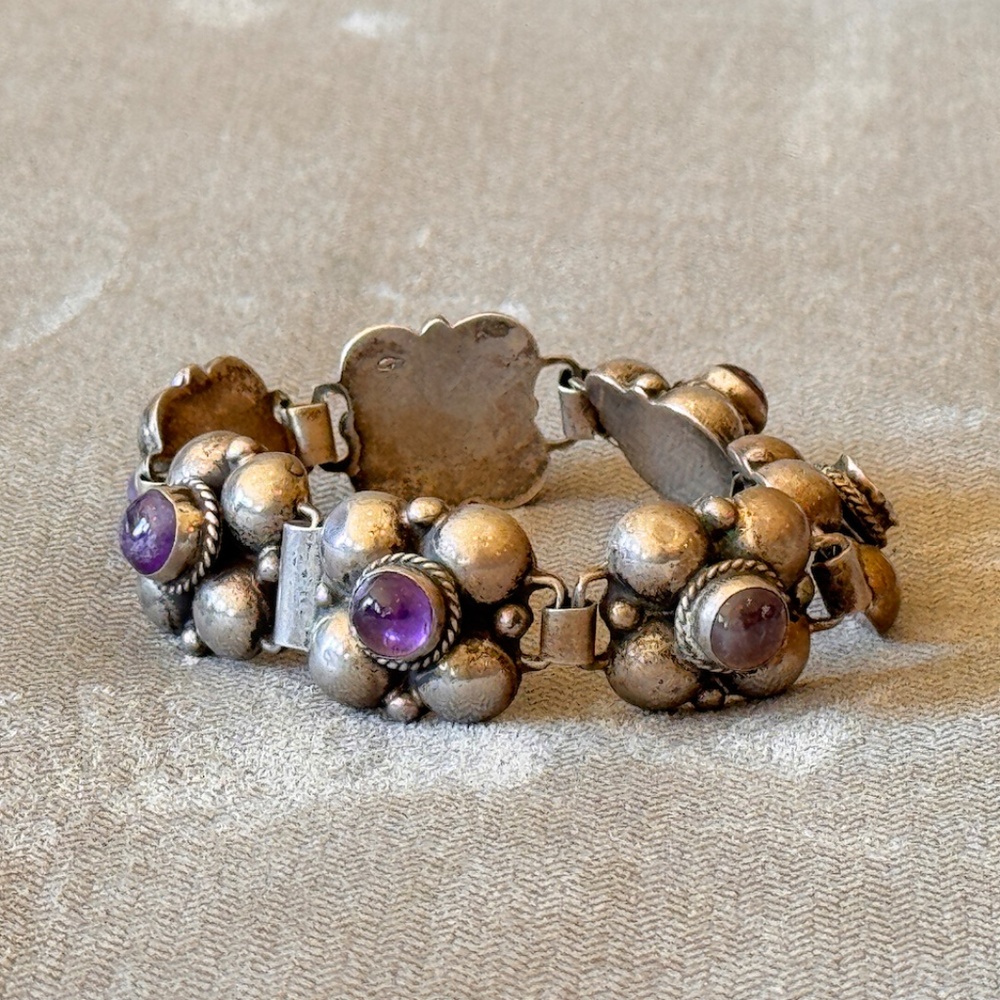 Lot of 3 Vintage Mexico Sterling Silver & Amethyst Bracelet, Cuff and Brooch - Picture 2 of 12